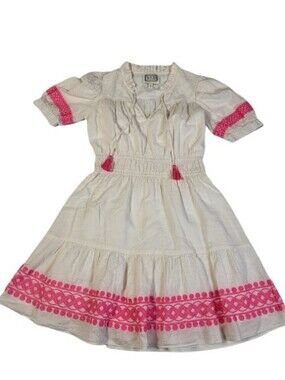 Sail to Sable White Pink Embroidered Ruffle Mini Dress Cotton Striped Lined sz S